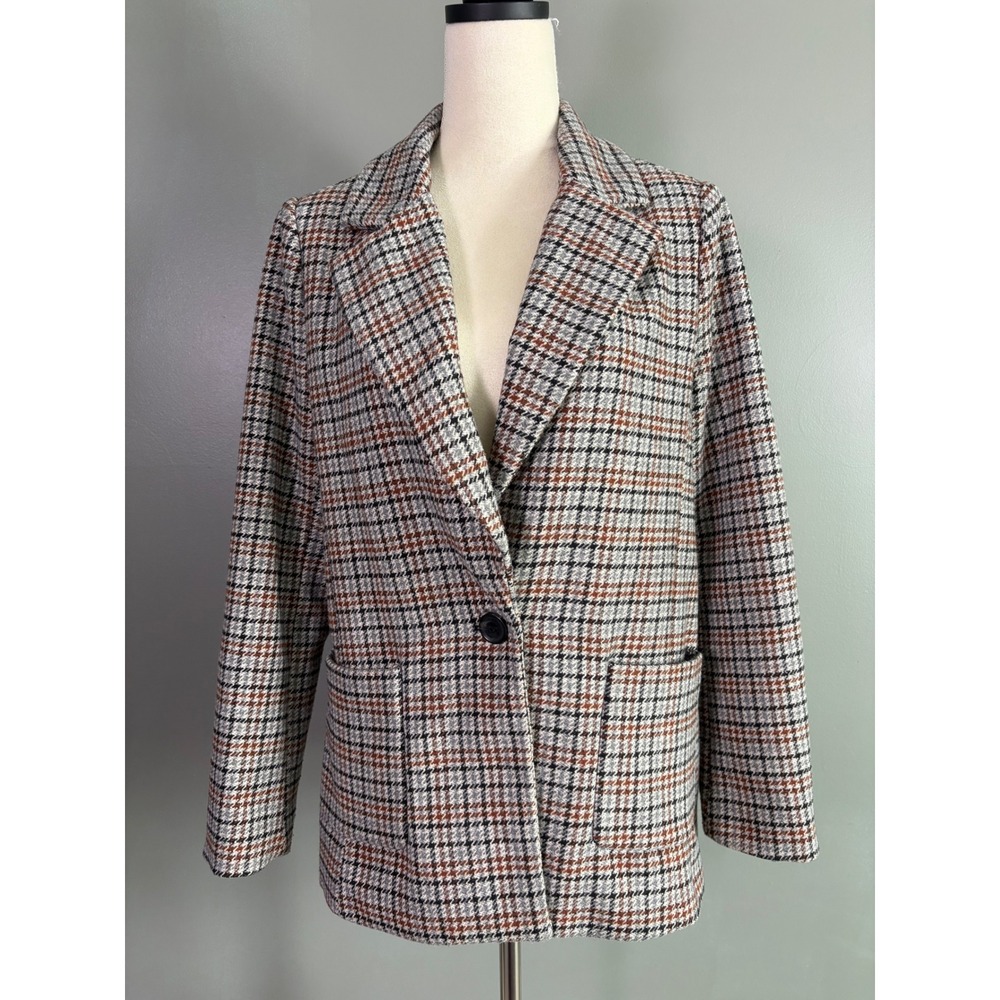 Evereve Plaid Blazer Women S Wool Blend Elbow Patch Dark‎ Academia Career Preppy